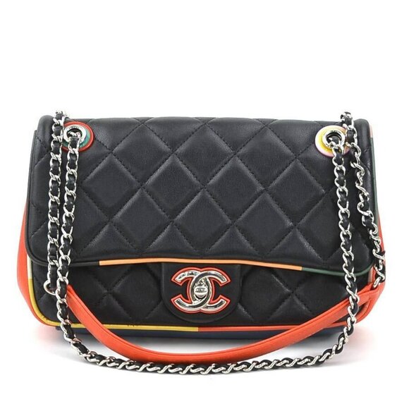 Auth CHANEL Matelasse Chain Shoulder Bag Black/Multicolor/Silver Leather e59258a - Picture 1 of 13